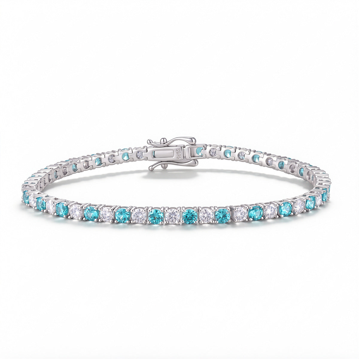 3.0mm lab grown paraiba tourmaline and moissanite tennis bracelet in sterling silver isolated on white background