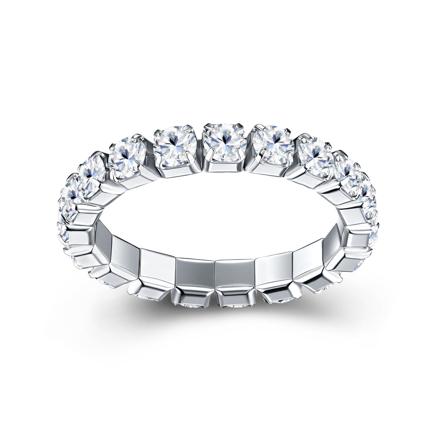3mm round cut moissanite full eternity band with shared prong setting in 925 sterling silver.