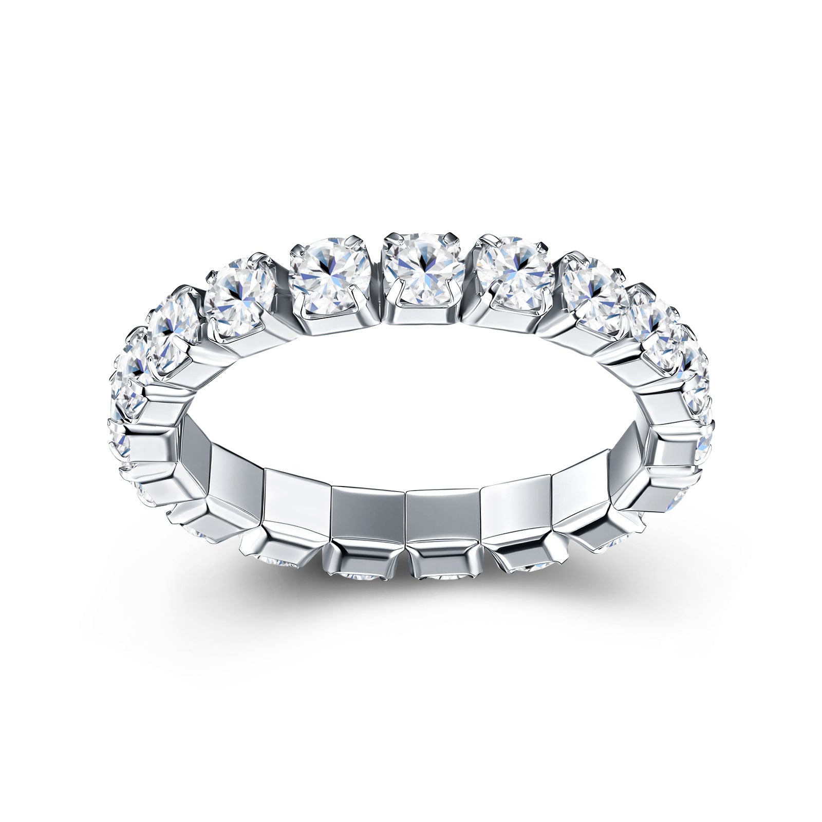 3mm round cut moissanite full eternity band with shared prong setting in 925 sterling silver.
