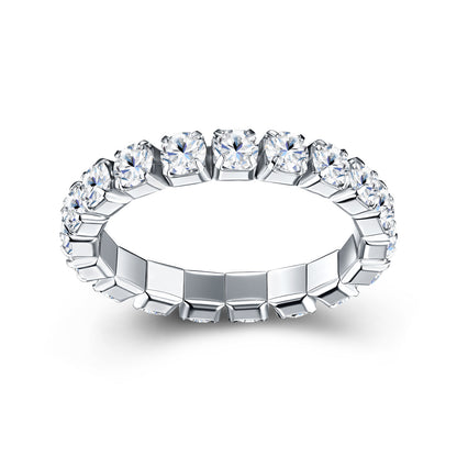 3mm round cut moissanite full eternity band with shared prong setting in 925 sterling silver.