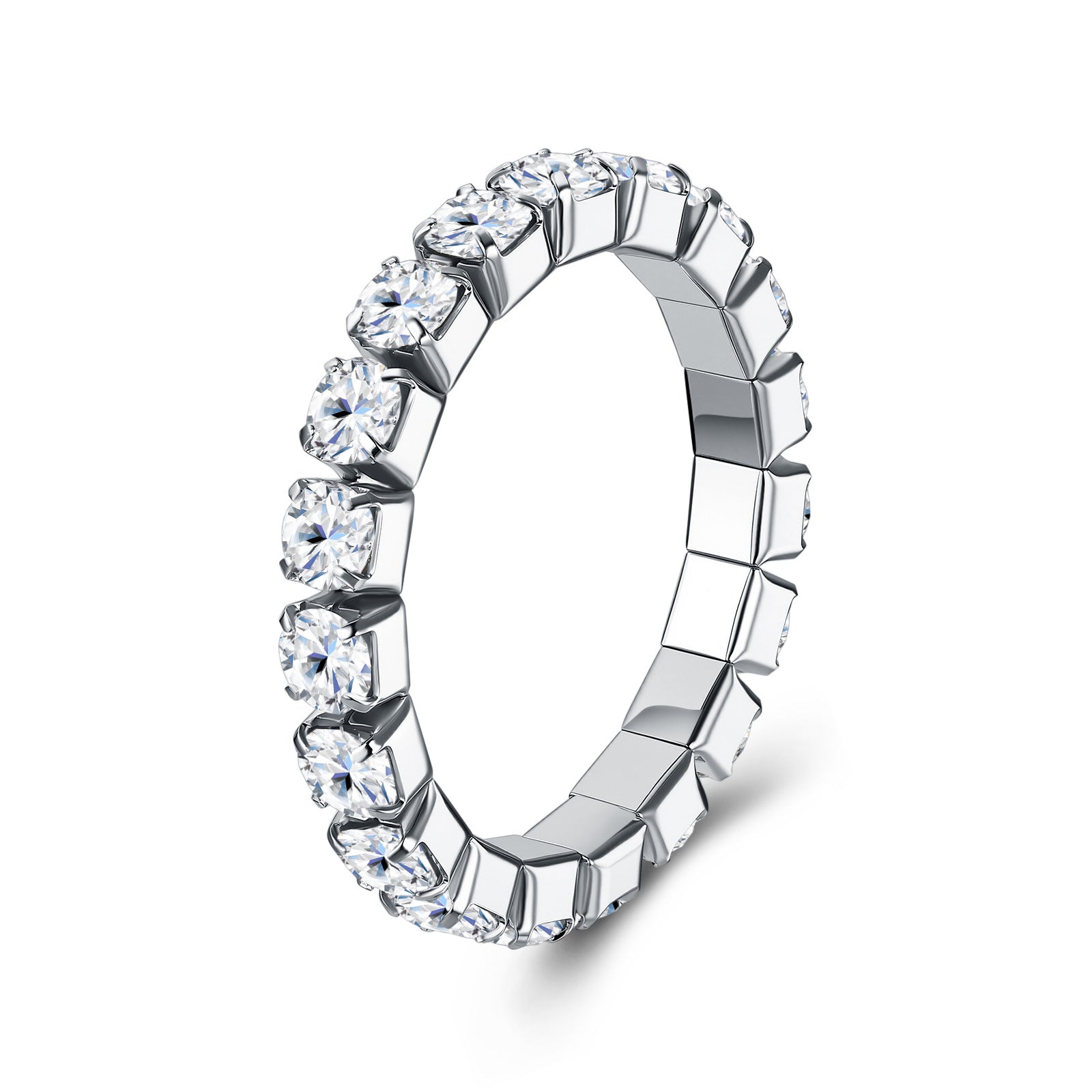 Side profile view of 3mm round cut moissanite shared prong eternity ring.