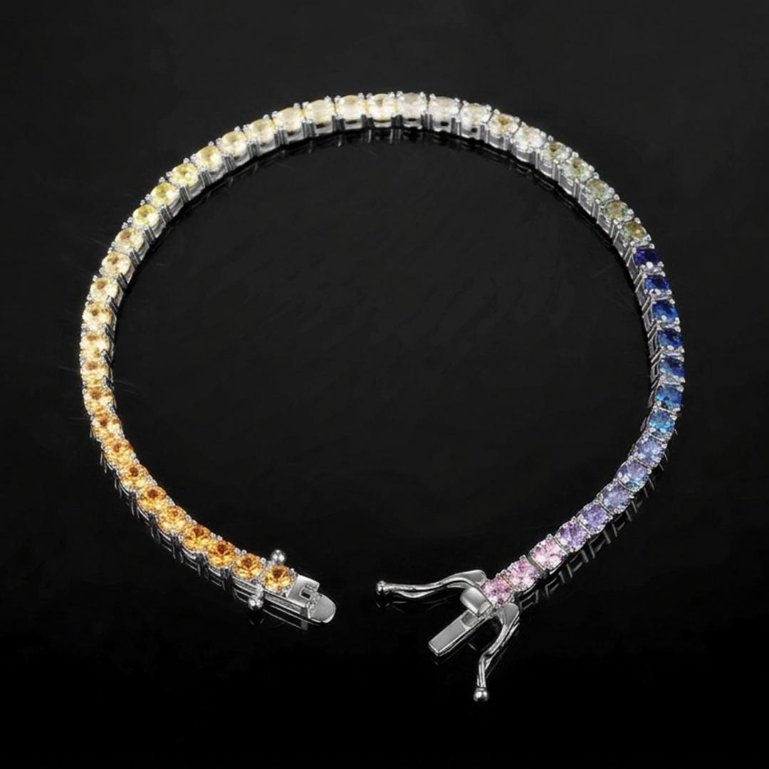 Silver 3mm round rainbow gradient moissanite tennis bracelet unclasped on dark background