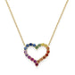 Gold 3mm round rainbow gradient open heart pendant necklace with multi-color gemstones on white studio background   