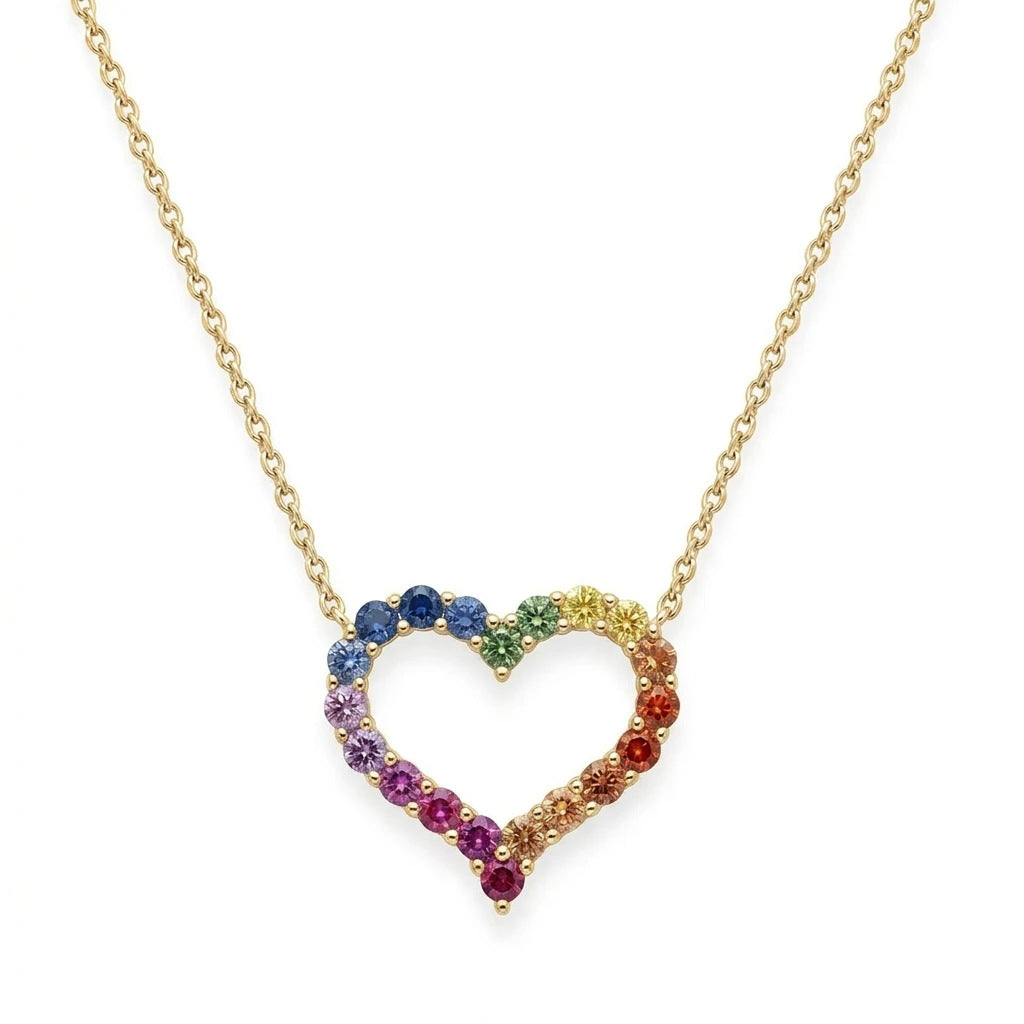 Gold 3mm round rainbow gradient open heart pendant necklace with multi-color gemstones on white studio background   