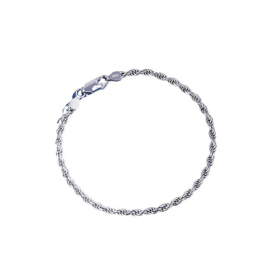 Silver rope chain bracelet on a white background