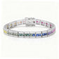 Silver 3x3mm princess cut rainbow channel-set tennis bracelet with pave borders on white background