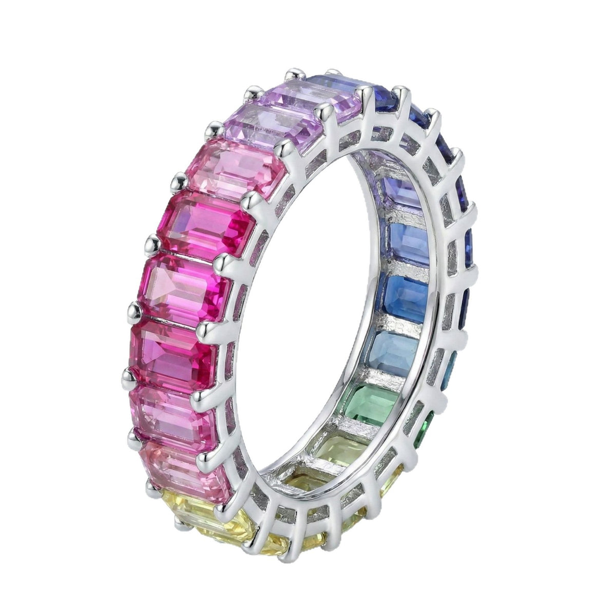 Silver 3x5mm emerald cut rainbow eternity band ring with multi-color gemstones isolated on white studio background
