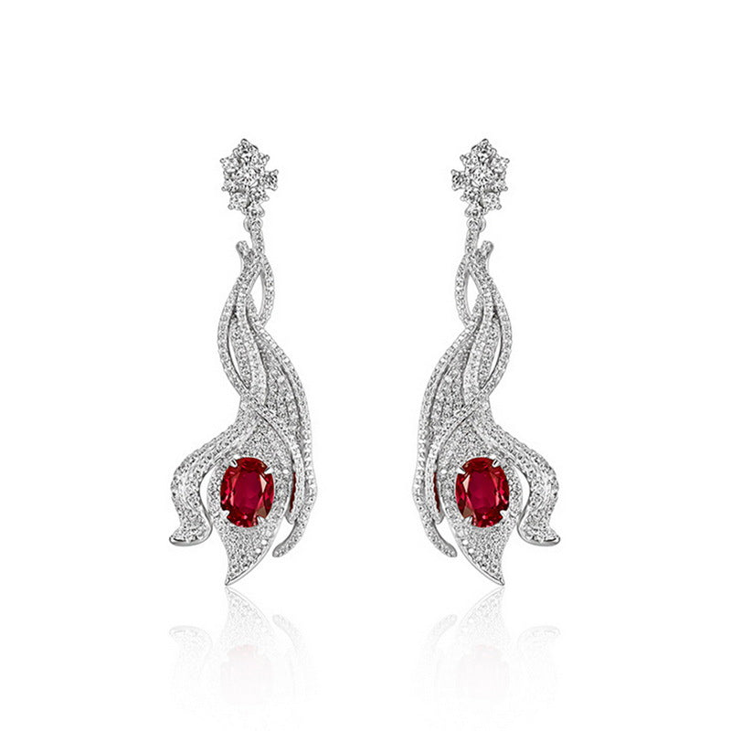 4.6ct Oval-Cut Crimson Ruby Wave Earrings in 925 Sterling Silver, elegant vintage aesthetic
