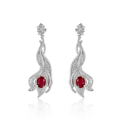 4.6ct Oval-Cut Crimson Ruby Wave Earrings in 925 Sterling Silver, elegant vintage aesthetic