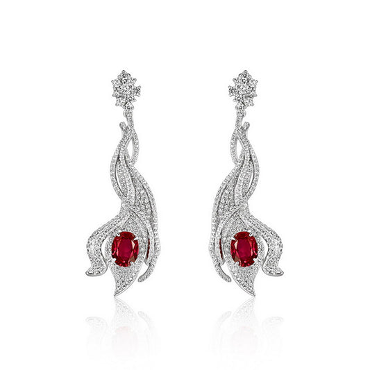 4.6ct Oval-Cut Crimson Ruby Wave Earrings in 925 Sterling Silver, elegant vintage aesthetic