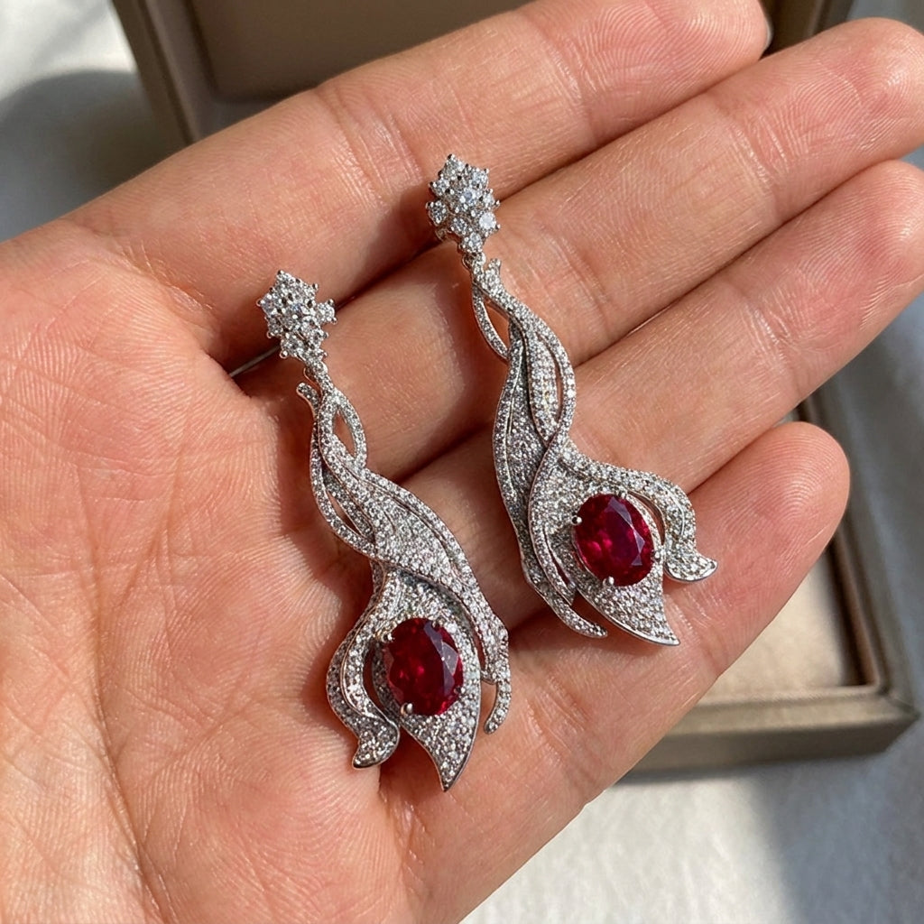 4.6ct Crimson Ruby Wave Earrings held in hand, demonstrating gemstone brilliance and quality craftsmanship