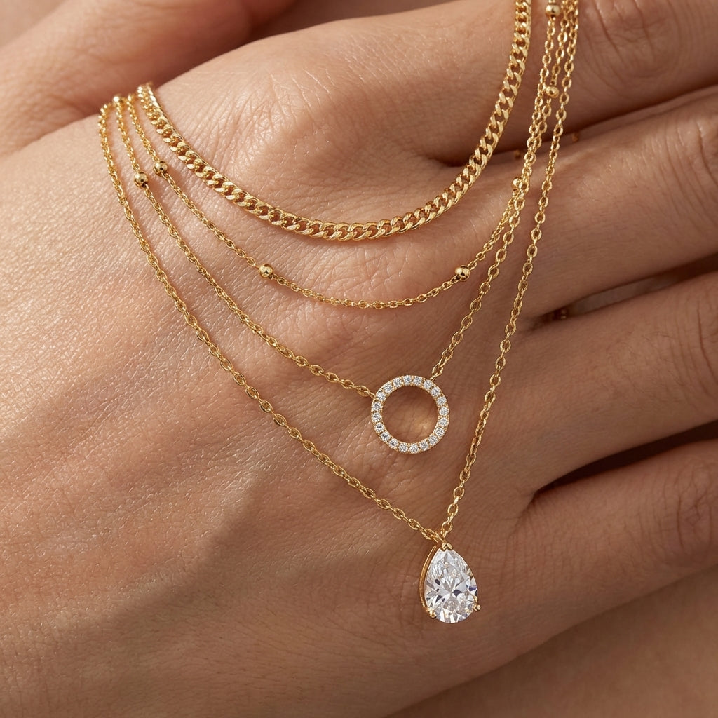 Macro, necklace draped across female hand, natural curve, warm soft light, mirror metal shine, sharp sparkle, blurred skin background, detailed texture, intimate luxury feel.