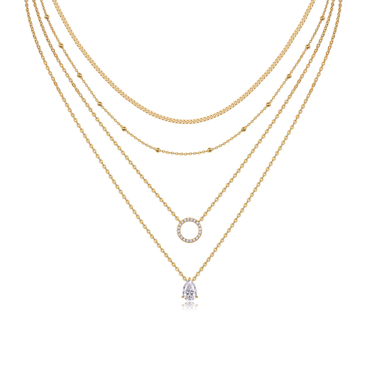 Clean white background — four chains layered elegantly on a bust form, each with its own moissanite pendant or accent. The different chain lengths (14", 16", 18", 20") create a dramatic cascading effect. Moissanite stones catch light from multiple angles, showcasing brilliant sparkle across all four layers.