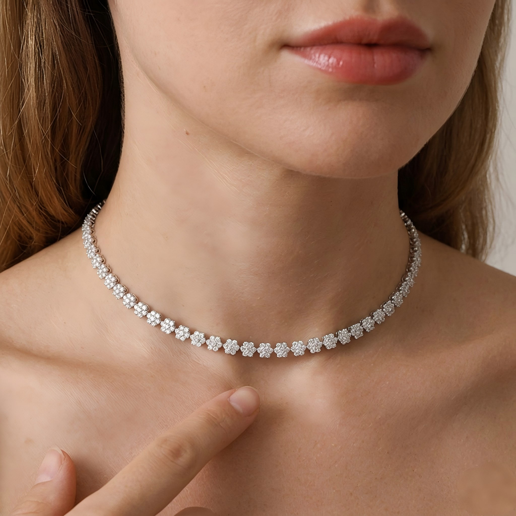  Include close-up shots showing the flower chain against the collarbone and wider shots showing the full necklace length.
