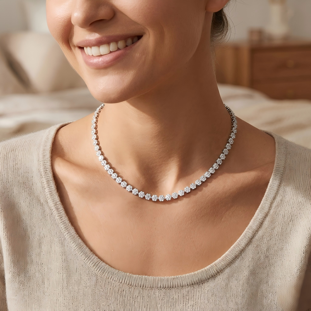 Female model wearing the necklace on bare skin or with an outfit.