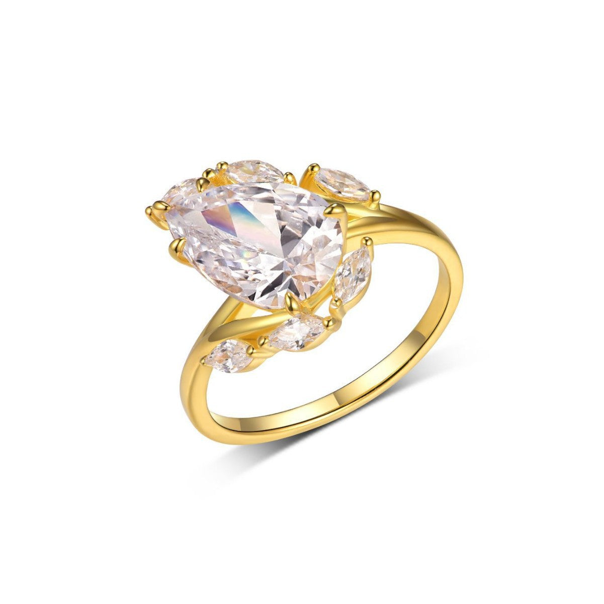 Yellow gold round corolla ring on soft romantic background. Alt: “4CT Corolla Moissanite Ring – Round – 18K Yellow Gold.”