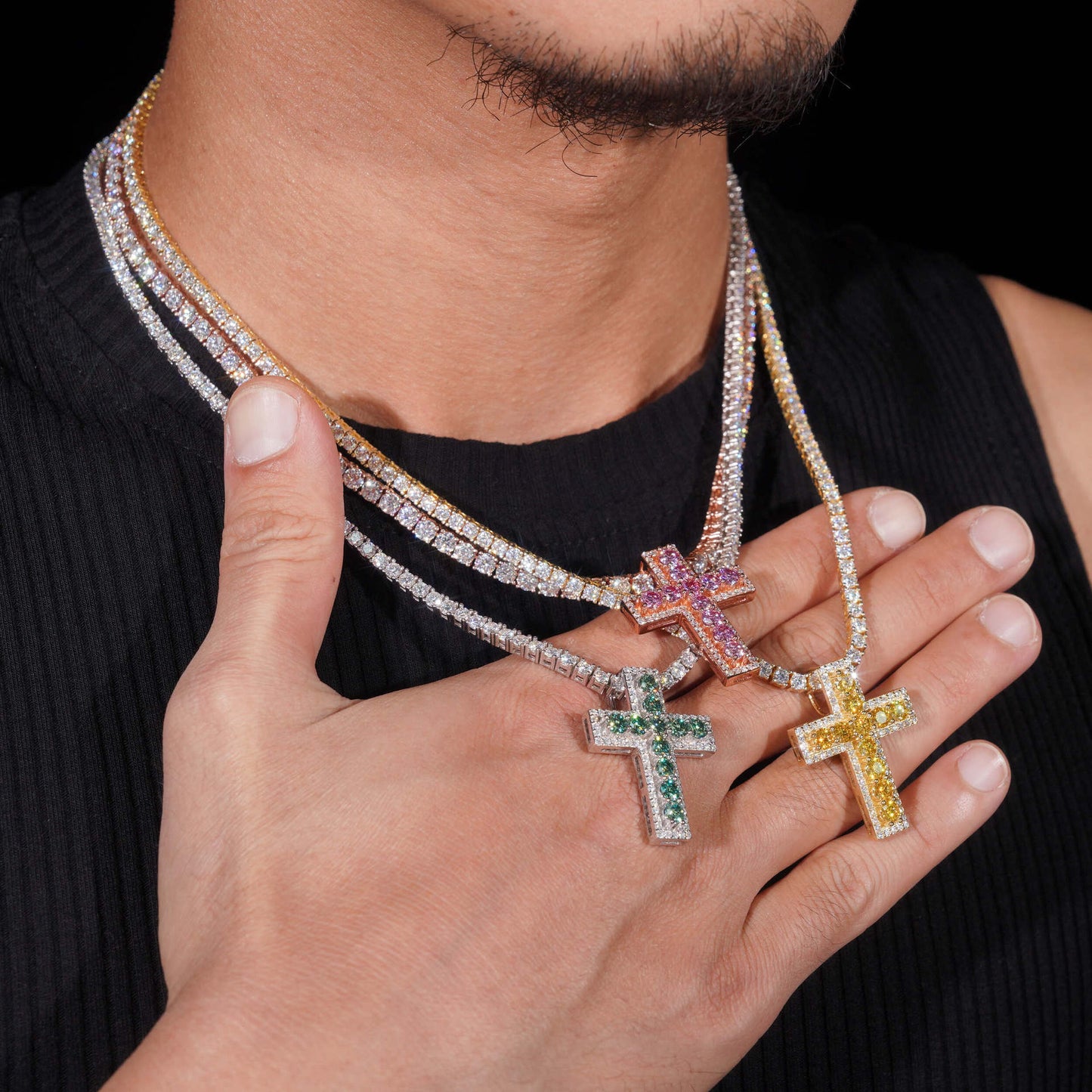  Shows the pendant depth, setting height, and how the cross sits against the chest.