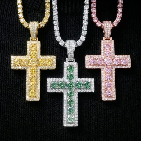 Clean black or dark background (to maximize sparkle contrast) — the 4MM moissanite cross pendant displayed on a bust form or flat surface. The fully iced cross catches bright light, showcasing exceptional fire and brilliance from every angle.