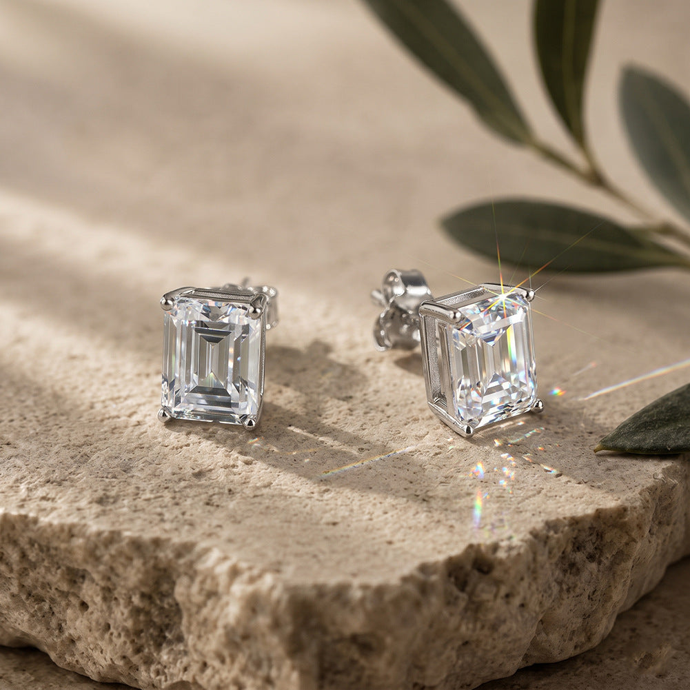 10K&14K&18K Gold Classic Four-Prong Emerald Cut Lab Diamond Engagement Stud Earrings 6*8.5MM