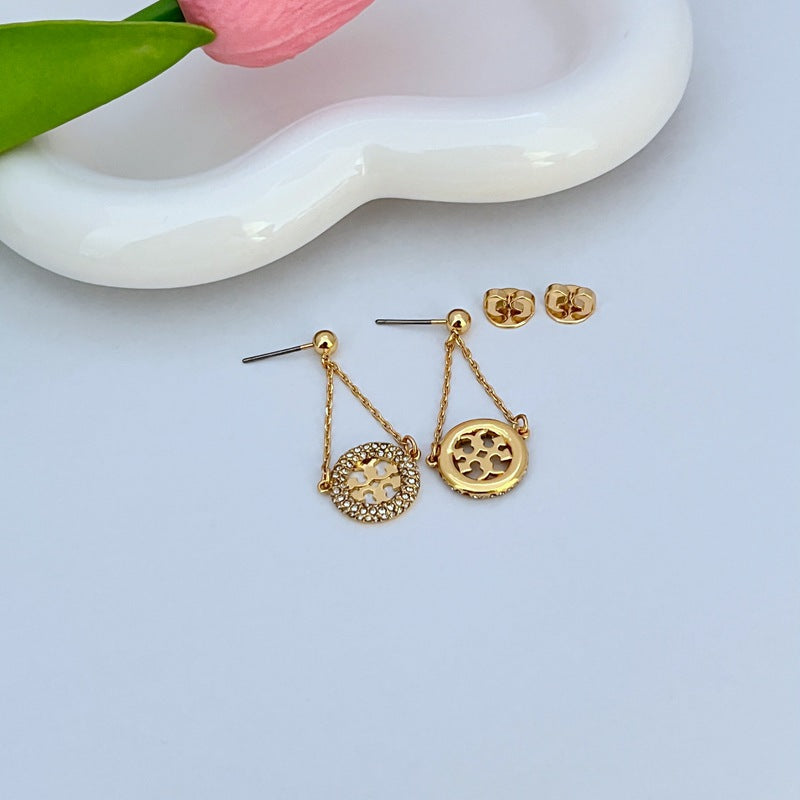 Tory Burch Dangle Chain Crystal Earrings | 18K Yellow Gold Plated