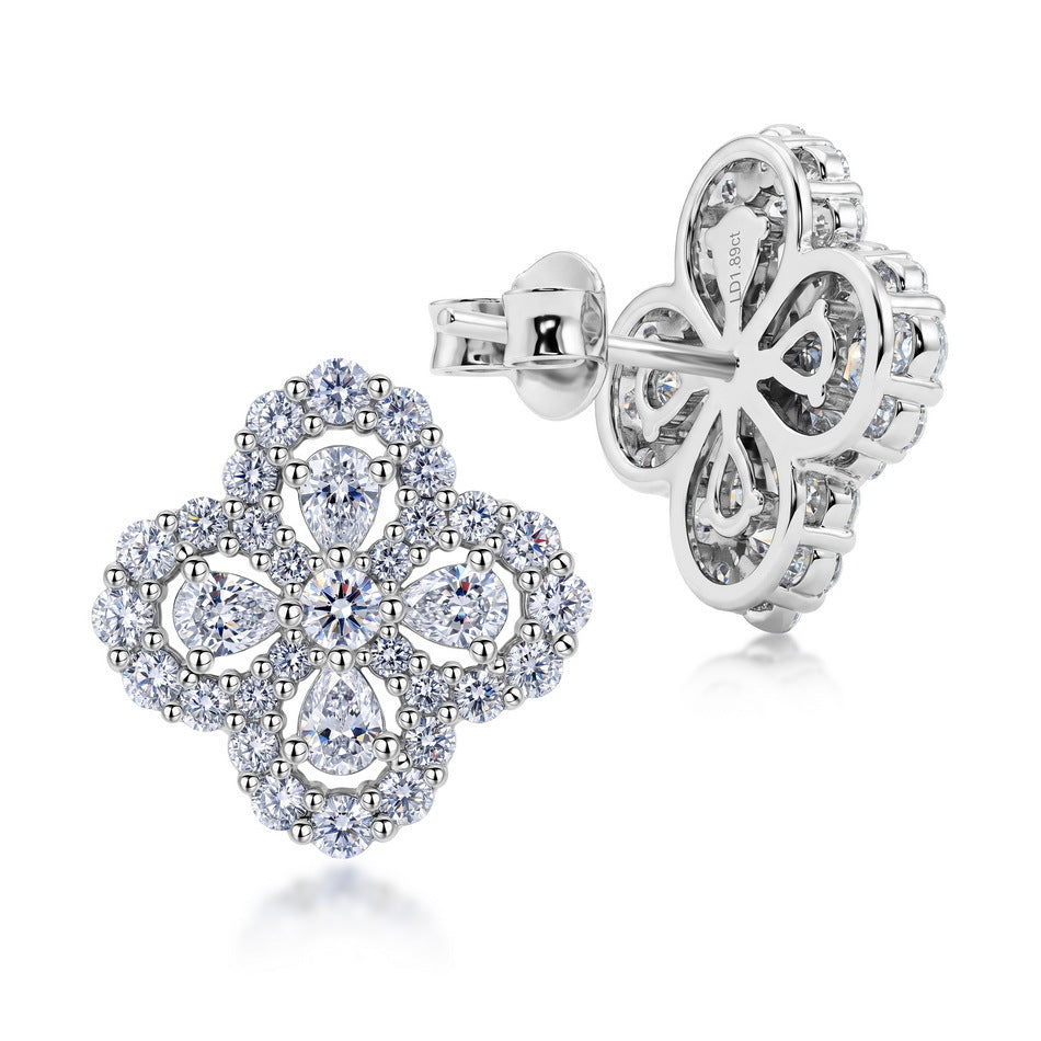 Four Leaf Clover Lab Grown Diamond Stud Earrings, Pear Cut Flower Cluster