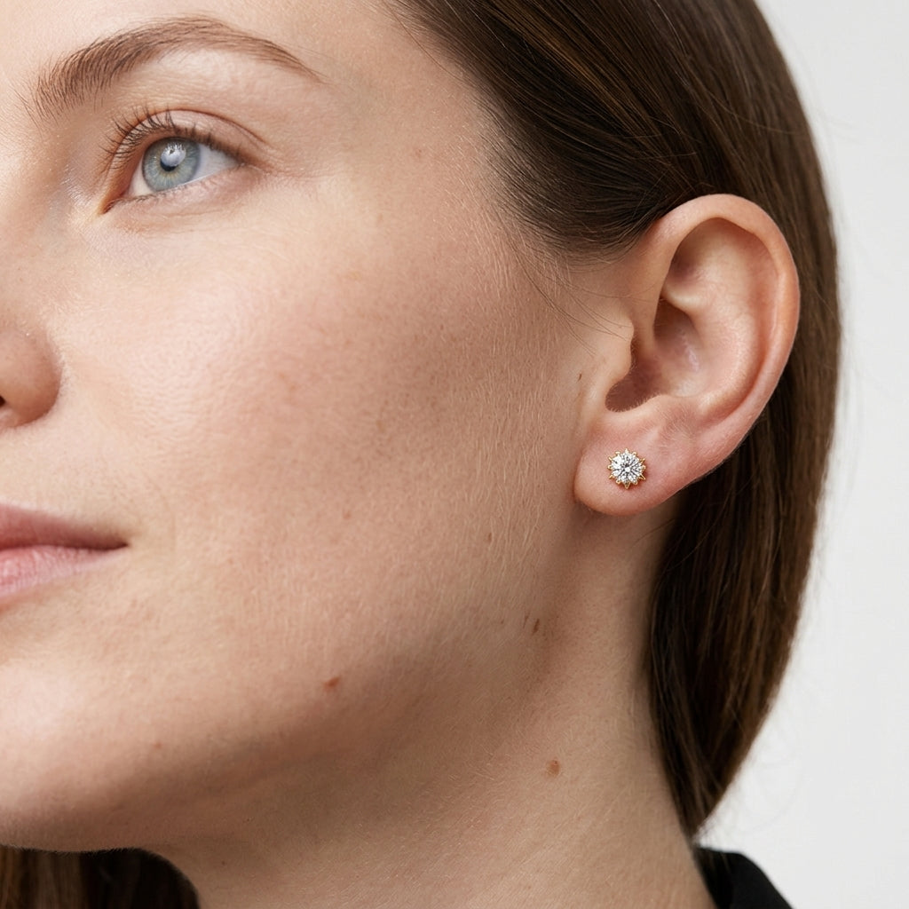 10K & 14K &18K Round Cut Lab Diamond Starburst Stud Earrings(3MM)