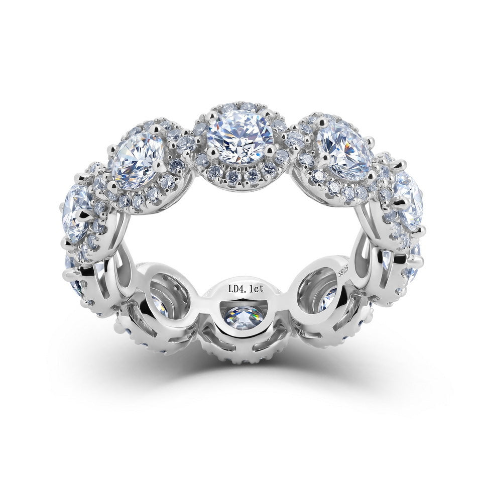 4ctw round cut diamond micro-pave halo eternity band ring in 925 sterling silver.