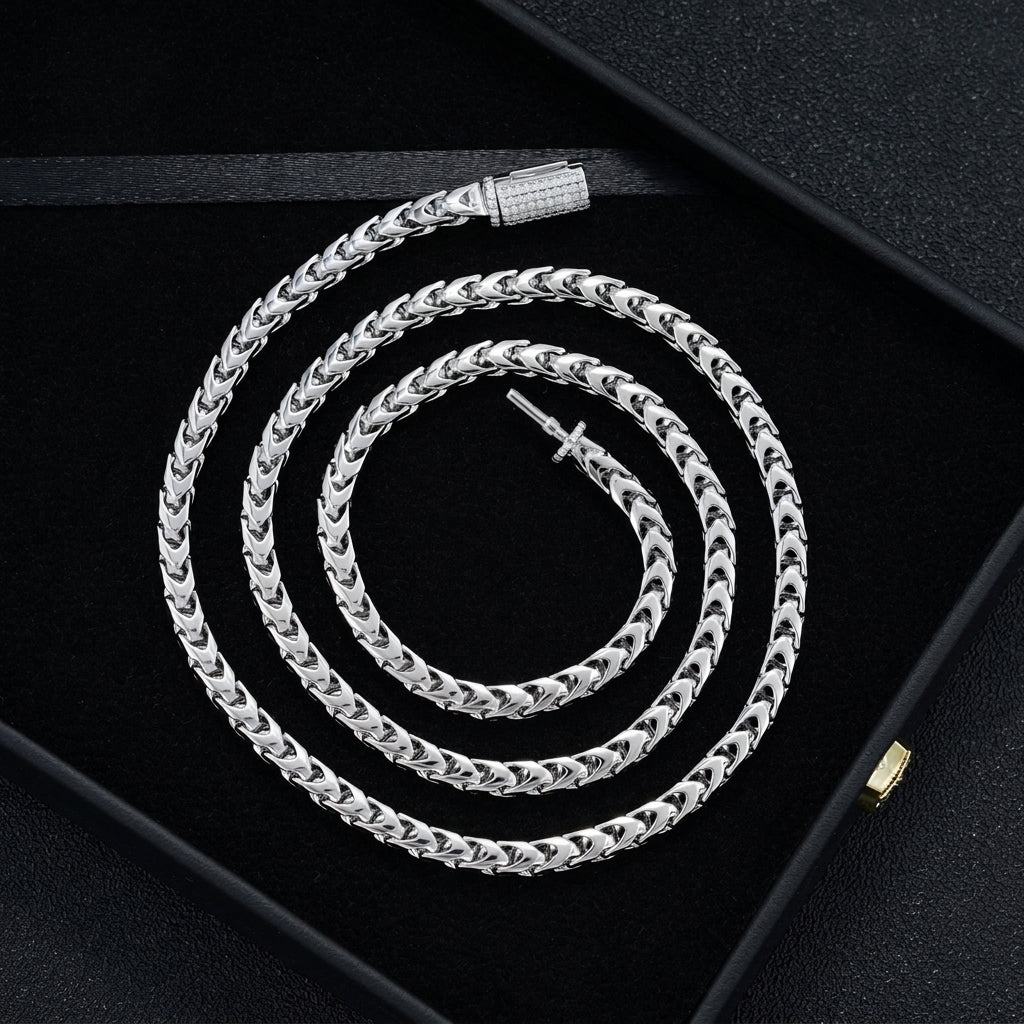Silver 4mm franco chain necklace with iced out moissanite box clasp coiled in display box