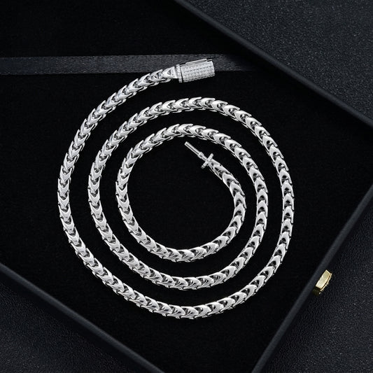 Silver 4mm franco chain necklace with iced out moissanite box clasp coiled in display box