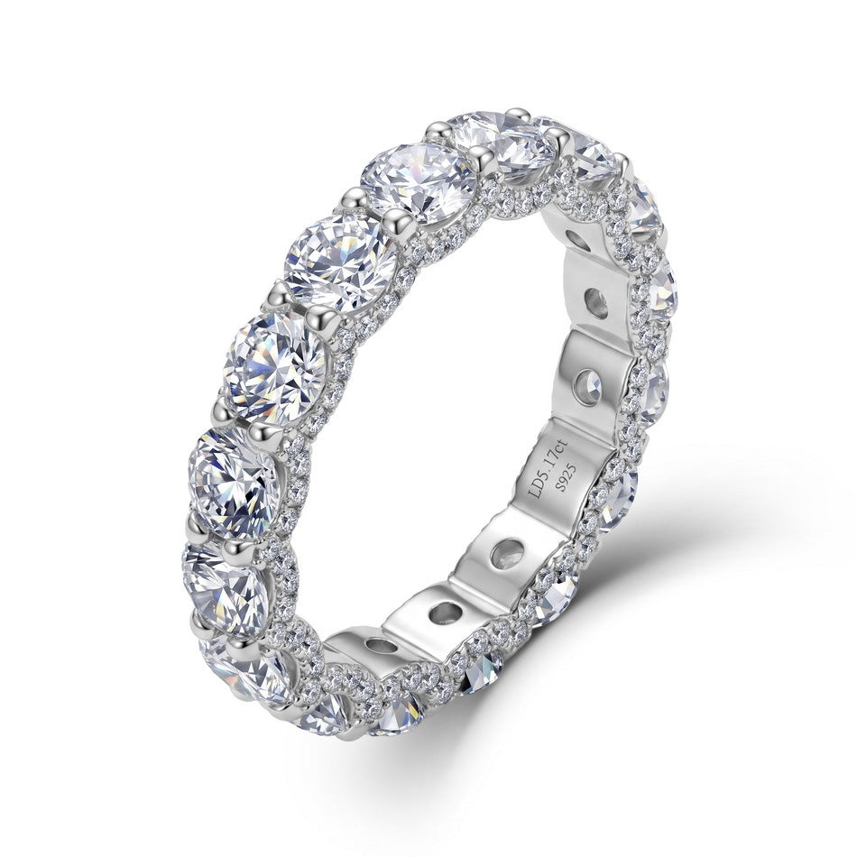 5.17ctw round cut diamond simulant eternity ring with side pave in 925 silver.