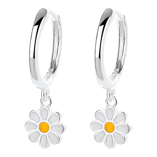 Sterling Silver Enamel Daisy Huggie Hoops | Dainty Daisy Dangle Earrings | Silver Floral Hoop Jewelry - Zerra 