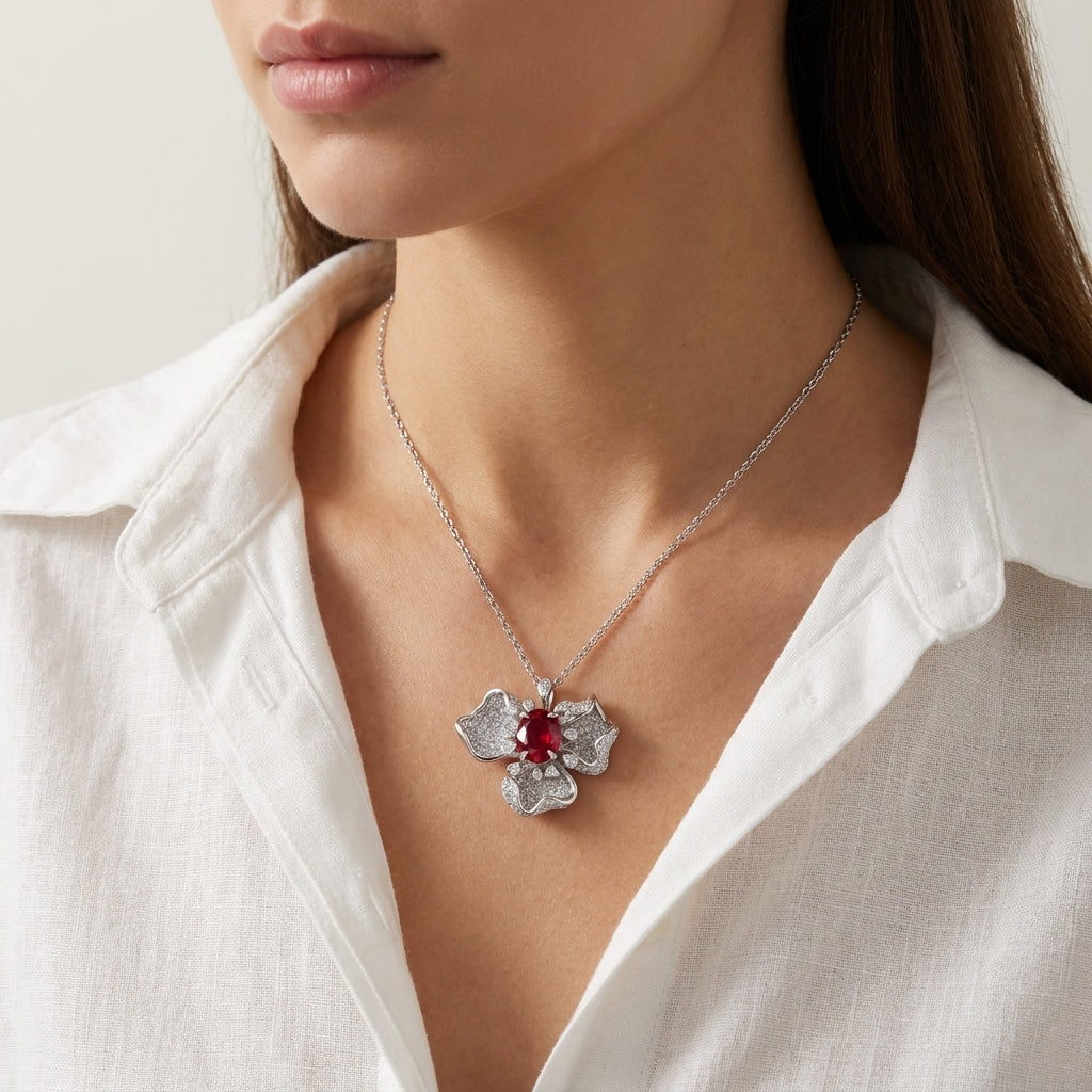 S925 Sterling Silver Ruby Flower Necklace