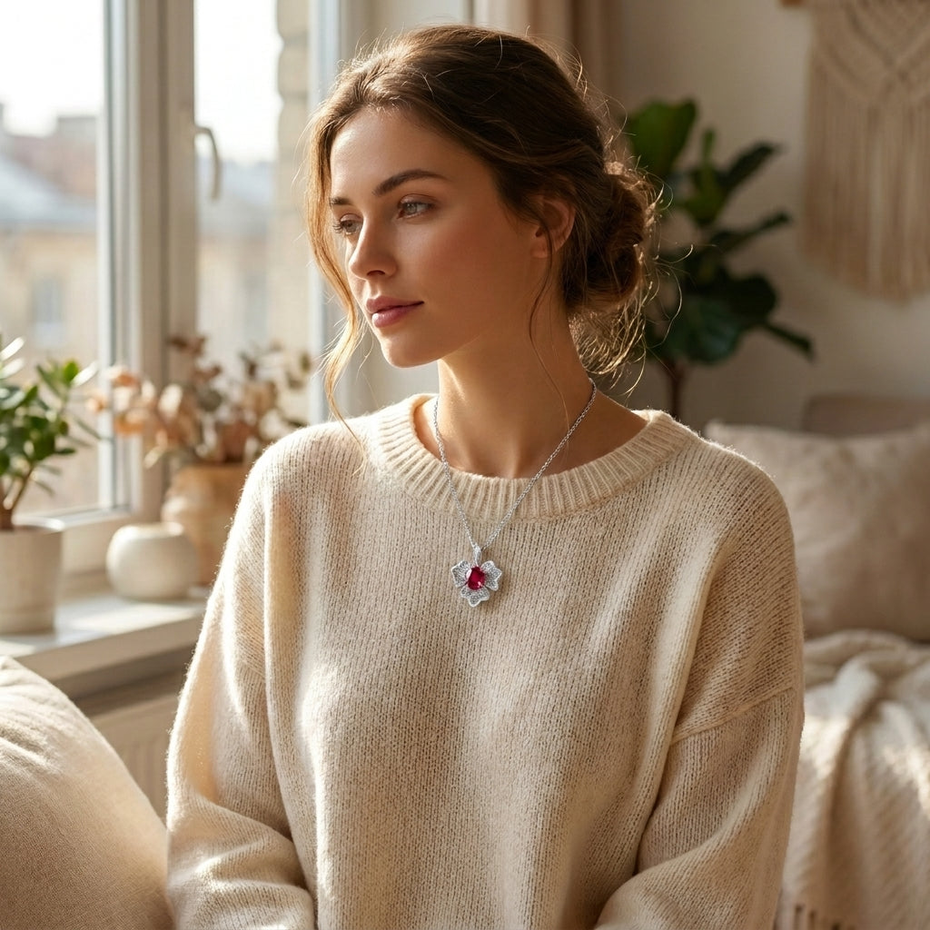 S925 Sterling Silver Ruby Flower Necklace