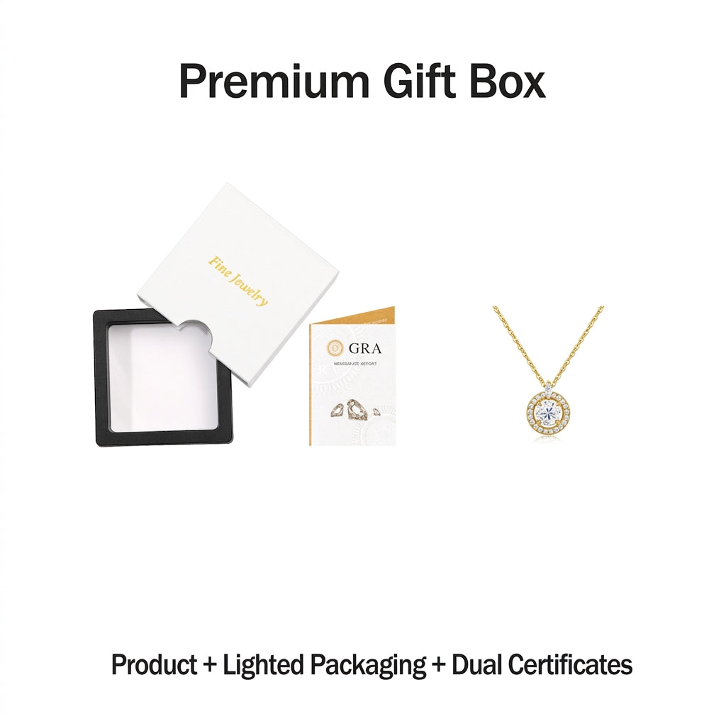 Gold Round Moissanite Halo Solitaire Pendant Necklace
