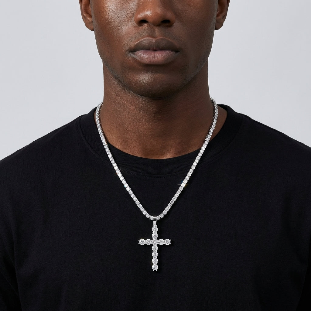  Model wearing the cross alongside a thicker Cuban chain, showing a stacked hip hop look.