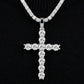 Clean black or dark background (to maximize sparkle contrast) — the 5MM moissanite hip hop cross pendant displayed on a bust form or flat surface. The fully iced cross catches bright light, showcasing exceptional fire and brilliance from every angle.