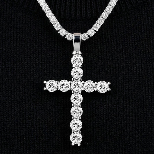 Clean black or dark background (to maximize sparkle contrast) — the 5MM moissanite hip hop cross pendant displayed on a bust form or flat surface. The fully iced cross catches bright light, showcasing exceptional fire and brilliance from every angle.