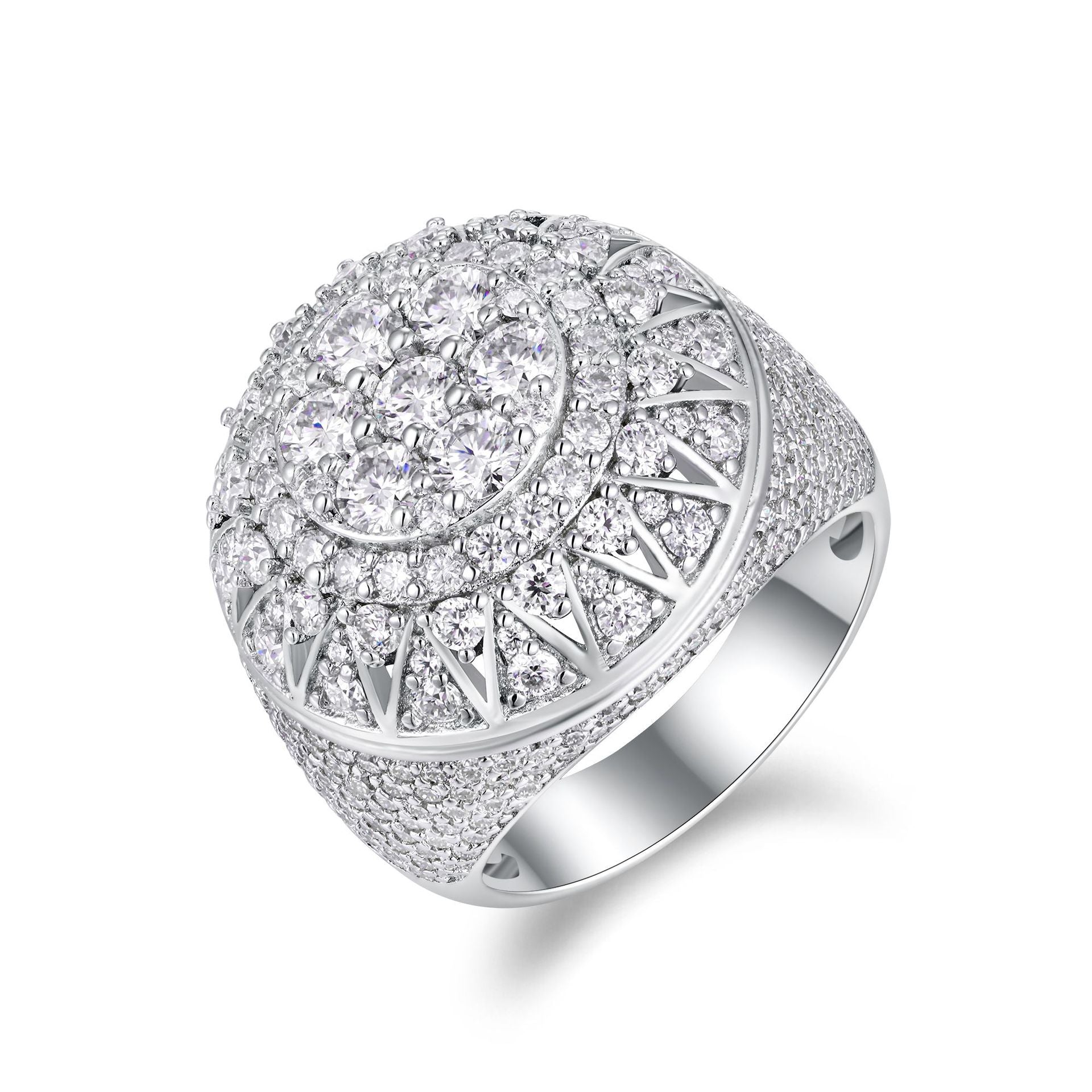 925 Sterling Silver Iced Out Moissanite Hip-Hop Dome Ring by ZERRA showing a shiny silver ring with sparkling moissanite stones and textured design.