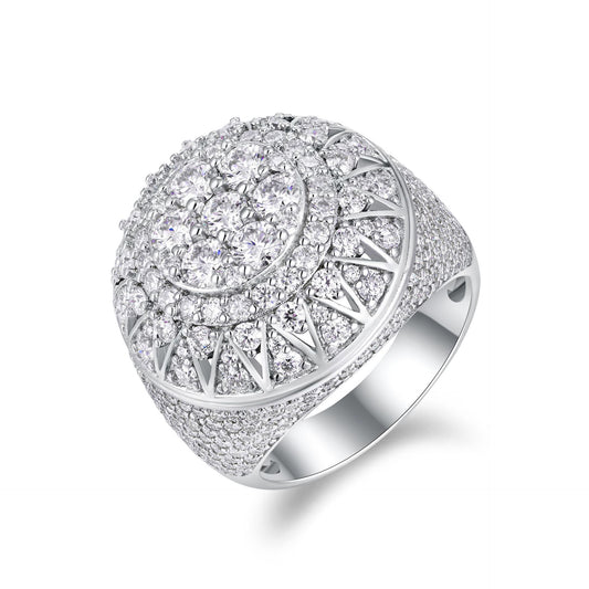 925 Sterling Silver Iced Out Moissanite Hip-Hop Dome Ring by ZERRA showing a shiny silver ring with sparkling moissanite stones and textured design.