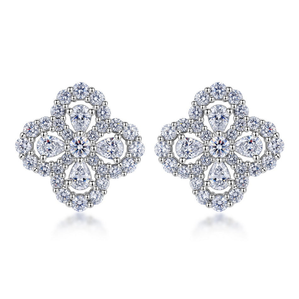 Four Leaf Clover Lab Grown Diamond Stud Earrings, Pear Cut Flower Cluster