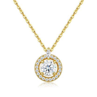 Gold Round Moissanite Halo Solitaire Pendant Necklace