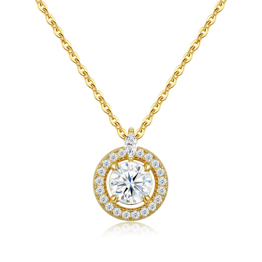 Gold Round Moissanite Halo Solitaire Pendant Necklace