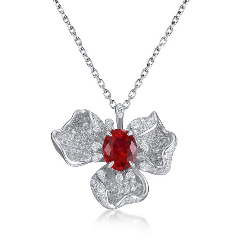 S925 Sterling Silver Ruby Flower Necklace