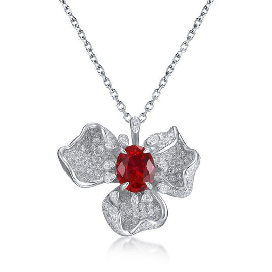 S925 Sterling Silver Ruby Flower Necklace
