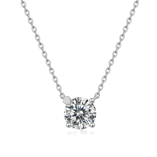 Classic Round Cut Moissanite Solitaire Necklace with Heart Accent