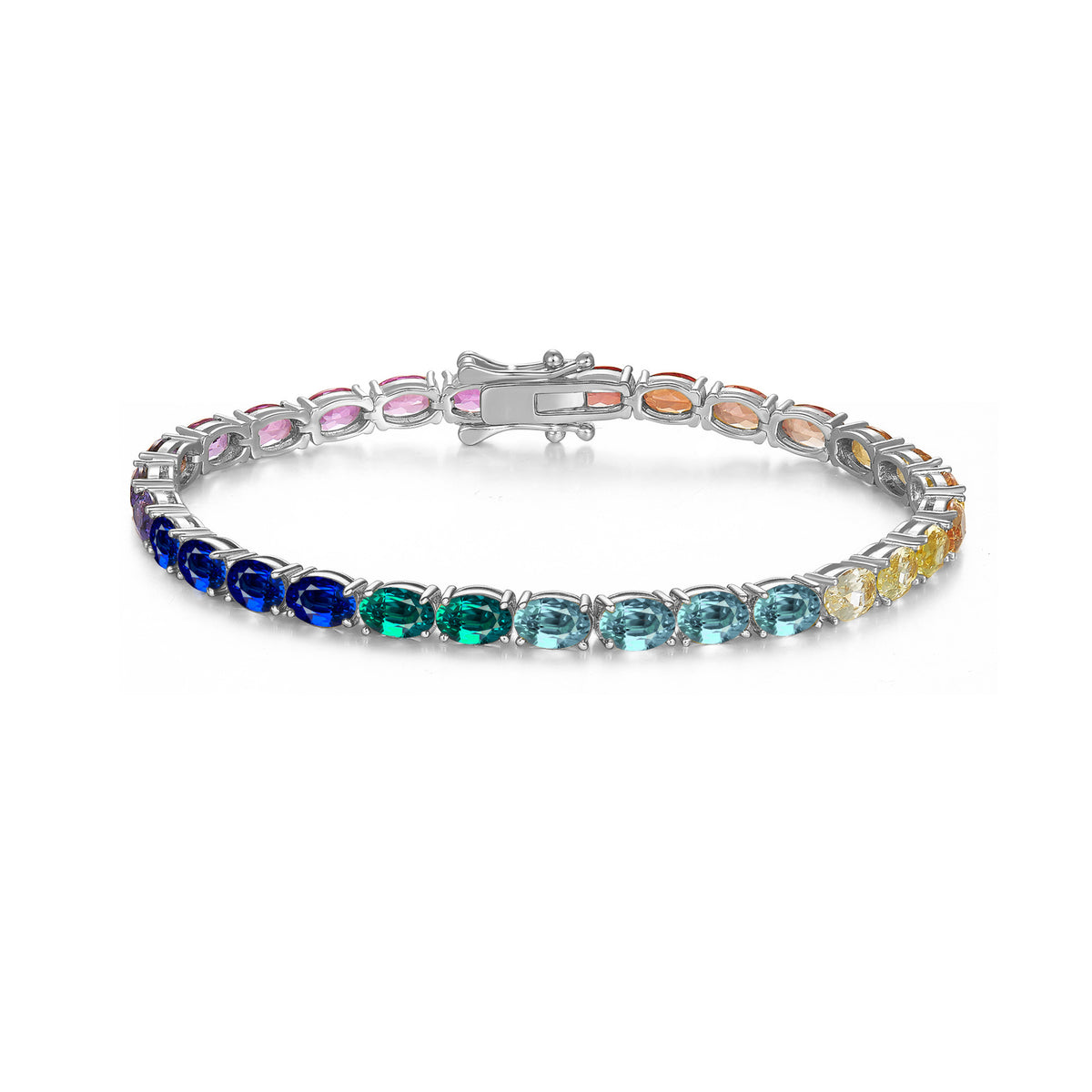 Silver 5mm oval cut rainbow gradient moissanite classic tennis chain bracelet on white background   