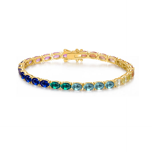 Gold 5mm oval cut rainbow gradient moissanite classic tennis chain bracelet with box clasp on white background