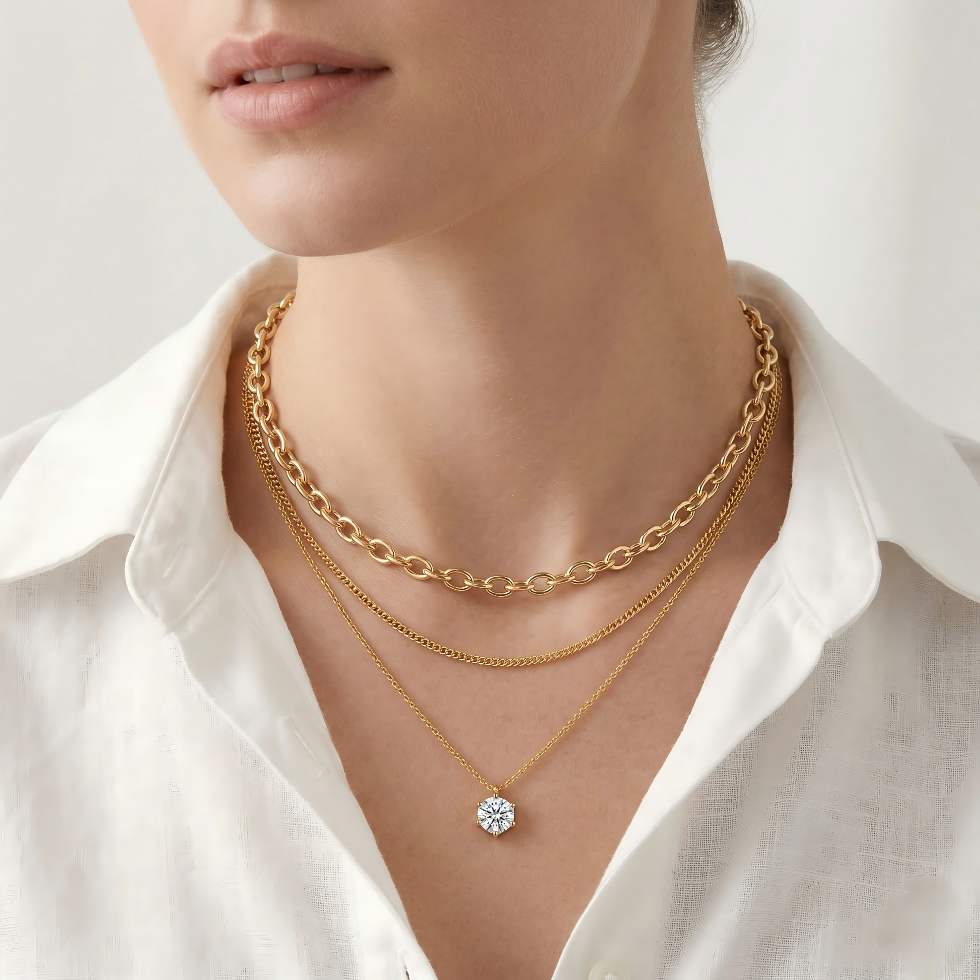 Gold chain necklaces with a diamond pendant on a white shirt