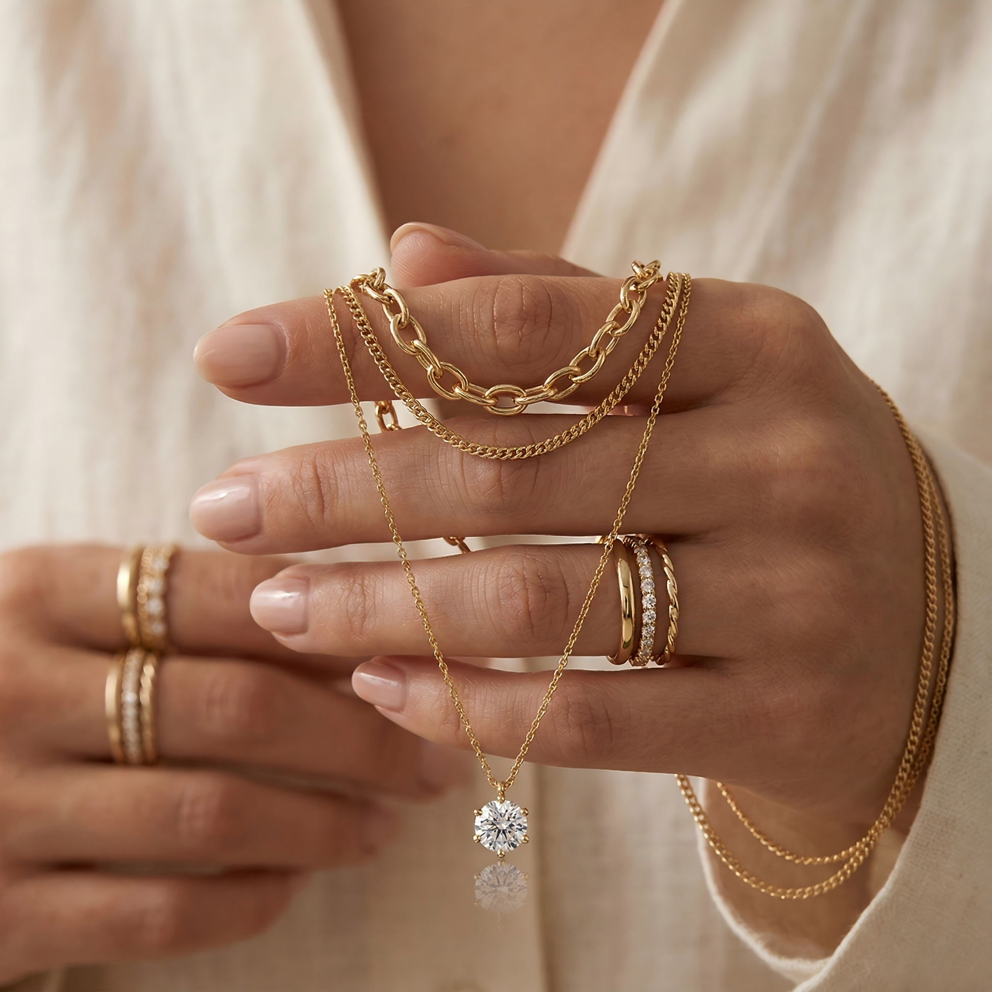 Hand wearing multiple gold rings and necklaces with a diamond pendant on a neutral background