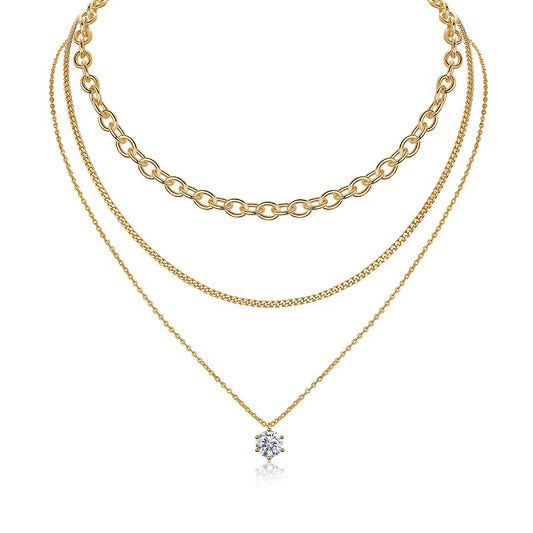 ZERRA 6-prong round moissanite layered necklace for women, featuring elegant mixed chain styles and sparkling gemstone.